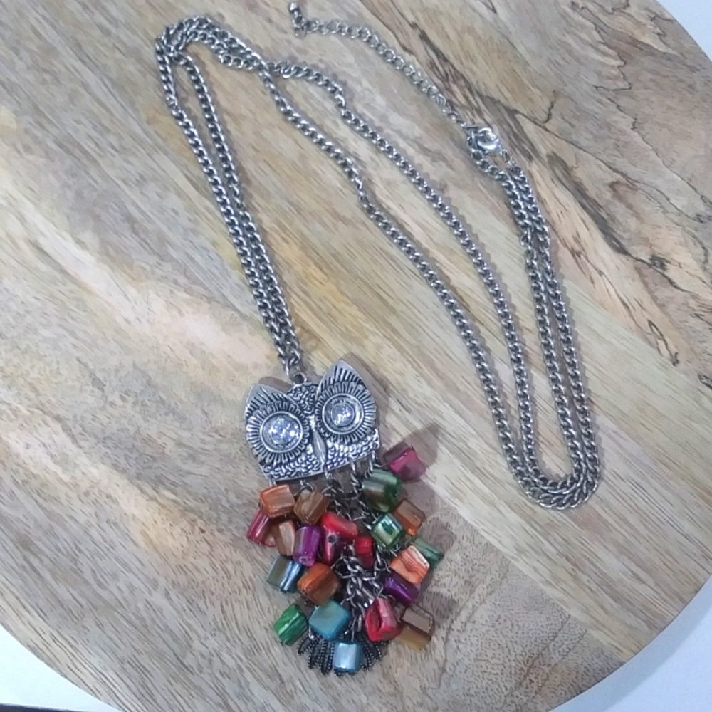Silver Owl Pendant Necklace with Multicolor Beads